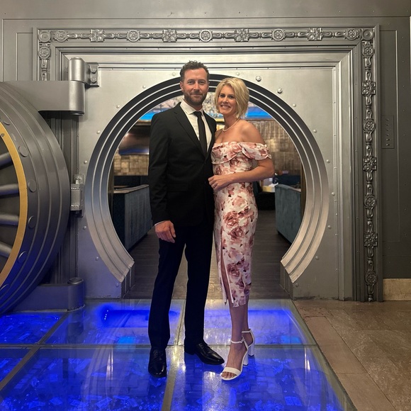 Windsor Pink and White Off-Shoulder Floral Dress with slit - Picture 5 of 5